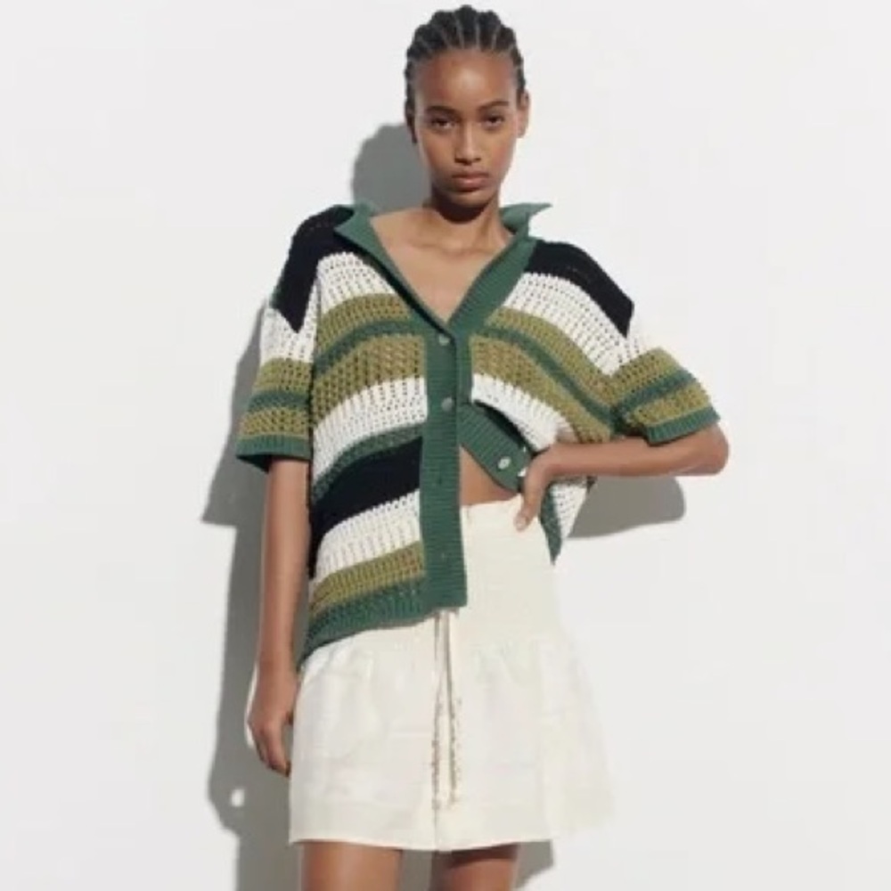 Zara Colorblock Striped Button Down Crochet Knit Polo Cardigan Sweater, Medium - Picture 2 of 14